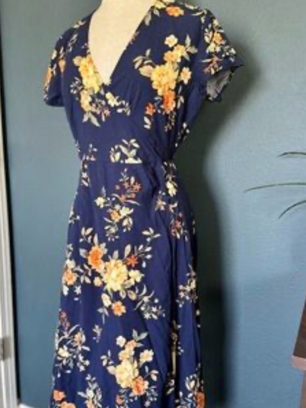 Old Navy Navy Floral Wrap Midi Dress with Yellow Blooms